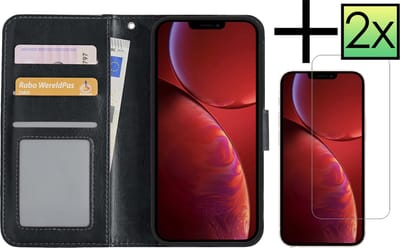 Hoesje - Met 2x Screenprotector - Geschikt voor Apple iPhone 14 - Luxe Pasjeshouder - Bookcase Portemonee - Flip Case - Kunstleer Book Case - Flipcase Hoes - Book Cover - Walletcase - Portemonneehoes - Zwart