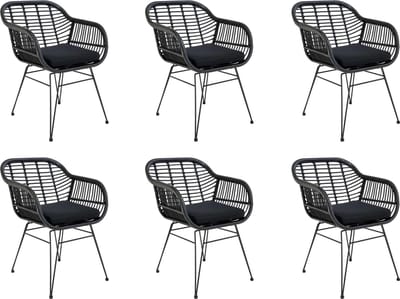 QUVIO Fauteuil tuinstoel Jade - Eetkamerstoelen - Eetkamerstoel - Zwarte tuinstoel - Met kussen - Staal - PE rattan - Zwart - Set van 6
