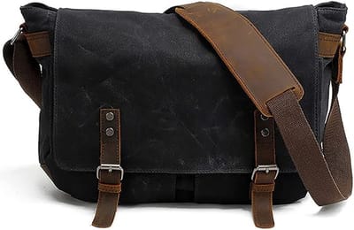 Tas – Briefcase – Heren Vintage Schoudertas – Leer & Canvas – Laptopvak 14" – Zwart