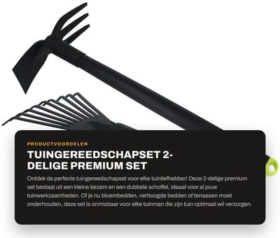 Dailygoods- Tuingereedschapset 2-delig - Kleine Bezem - Dubbele Schoffel - Robuust Tuingereedschap - Vezelversterkt Kunststof - Lichtgewicht en Ergonomisch