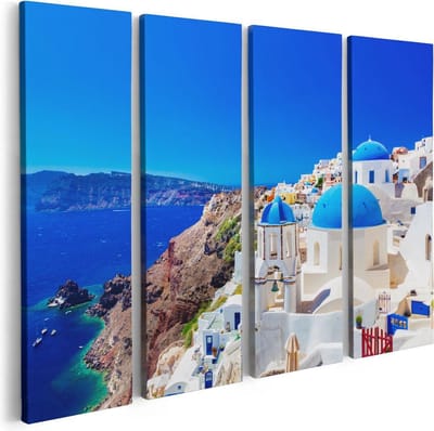 Artaza Canvas Schilderij Vierluik Blauwe Huizen met Koepels in Griekenland - 80x60 - Foto Op Canvas - Canvas Print