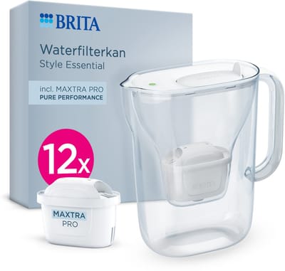 BRITA Waterfilterkan Style Essential Cool - 2,4L - Wit - incl. 12x MAXTRA PRO Pure Performance Waterfilterpatronen - past in de koelkast, met Smart LED Light & klapdeksel