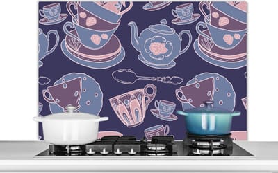 Spatscherm keuken 100x65 cm - Kookplaat achterwand Patroon - Thee - Kop - Theepot - Muurbeschermer - Spatwand fornuis - Hoogwaardig aluminium