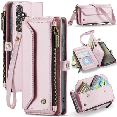 Voor Samsung Galaxy S24+ 5G CaseMe C36 Kaartsleuven Rits Portemonnee RFID Anti-diefstal Lederen Telefoonhoesje (Roze)