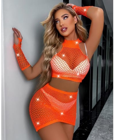 Snapshot - #picoftheday - Visnet Rokje, Topje en Handschoenen met Strass steentjes - One Size - Oranje