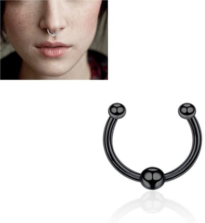 Fake Neuspiercing Zwart - Nep Neuspiercing Septum met Bolletje - Neusring - Nep Piercing Ringetje - RVS Roestvrij Staal - 8 mm