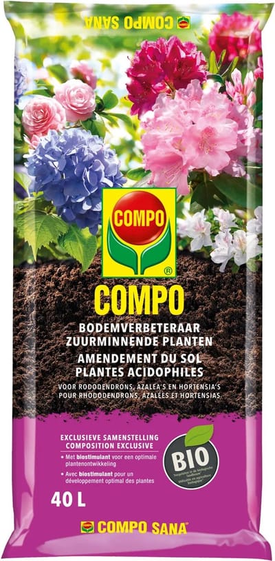 COMPO Bio Bodemverbeteraar Zuurminnende Planten - 100% natuurlijk - met booster - voor een krachtige groei en bloemrijke ontwikkeling - zak 40L