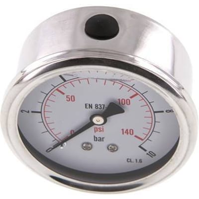 0..10 Bar Glycerine Manometer Achteraansluiting RVS/Messing 63 mm Klasse 1.6 - ML01063SHG
