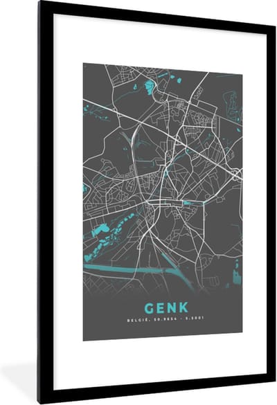 Fotolijst incl. Poster - Kaart – Plattegrond – Stadskaart – Genk – België - Grijs - 80x120 cm - Posterlijst