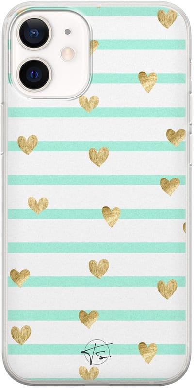 Hoesje geschikt voor iPhone 12 Mini - Mint hartjes - Soft Case - TPU - Print - Blauw - Mooie Telefoonhoesjes
