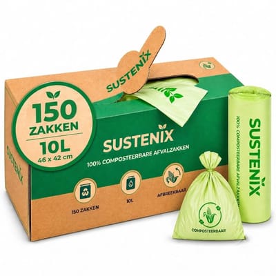 Biozakken 10 Liter - 150 Stuks - GFT Zakken Composteerbaar - Afvalzakjes Incl. Dispenser - Sustenix - 46 x 42 cm
