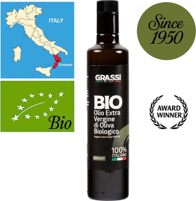 Grassi Prijswinnende Biologische Extra Vierge Olijfolie – 500 ml – Nieuwe Oogst – 100% Zuid-Italiaans – Eerste Koude Persing – 0,11% Zuurgraad – Voor Warm & Koud Gebruik – Rijk aan Antioxidanten – Glazen Fles met Schenktuit – Calabrië – Goede Keuze!