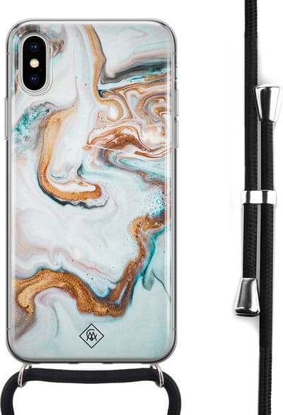 Casimoda® hoesje met koord - Geschikt voor iPhone Xs - Marmer Blauw Goud - Afneembaar koord - Siliconen/TPU - Blauw