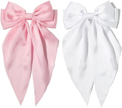 2 stuks - Haarclips - Haarclip met satijnen strik - Lange krokodillenclip - Grote strik als haaraccessoire - Geschikt voor meisjesverjaardagen, bruiloften, gala's, enz. - Roze, wit