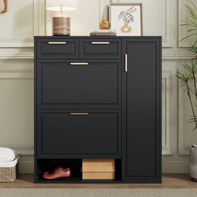 Pugsdrly Moderne schoenenkast, met verstelbare legplanken, gouden handgrepen, lades, neerklapbare schoenenkast en deuren, zwart, L95/P24/H107