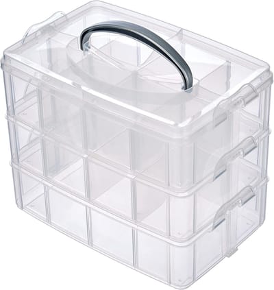 Famanu - Sorteerdoos transparant 3 etages, organizer met draaggreep en 17 vakken, hobby en knutsel opbergbox 23 cm