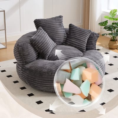Corduroy zitzak met hoge rugleuning - voor woonkamer, slaapkamer en speelkamer - 1 persoon - donkergrijs - incl. 3 kussens - geen montage nodig