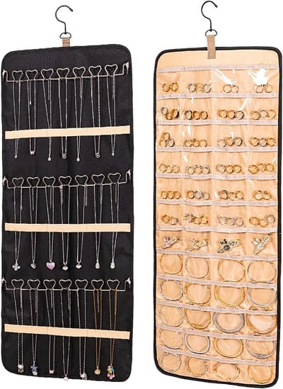 Sieradenorganizer, Dubbele Opbergtas met Metalen Haken, voor Kleine Voorwerpen en Sieradendisplay, Draagbaar en Opvouwbaar voor Kast, Muur of Achter de Deur
