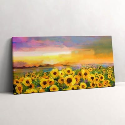 Wallfluent Foto Op Canvas Zonnebloemveld en zonsondergang - 100 x 50 cm - Geel Canvas Schilderij - Bloemen en Planten Foto Canvas - Natuur Schilderij Op Doek - Bloemen en Planten Schilderij Op Canvas
