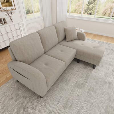 166 x 118 x 77 cm - L-vormige hoekbank met chaise longue – driezitsbank - plastic poten - lichtbruin