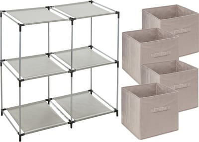 5Five Kastmandjes/opberg manden - beige - 4x stuks van 29 Liter - Metalen rekje is 67 x 68 cm