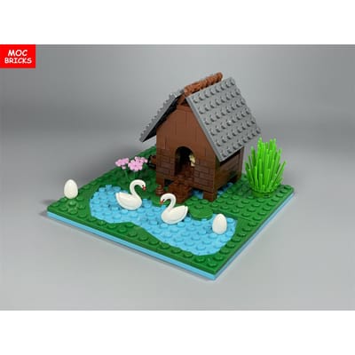 MOC Blokken Watermeer Vijver Rivier Eendenhuis Zwaan Zwemscène Eierlotus Dieren Plant Bouwsteen Accessoires Kinderspeelgoed