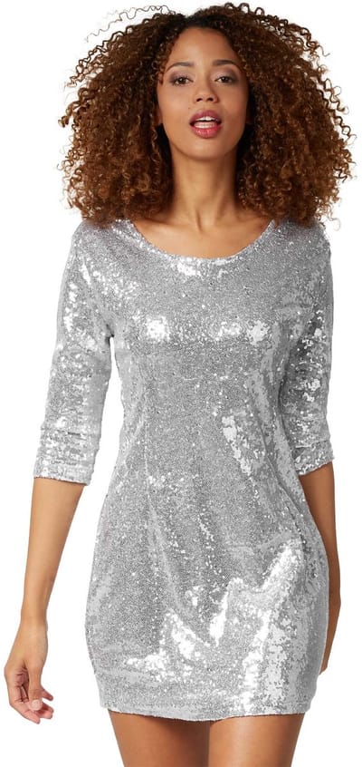 dressforfun - Paillettenjurk met lange mouwen zilver S - verkleedkleding kostuum halloween verkleden feestkleding carnavalskleding carnaval feestkledij partykleding - 303781