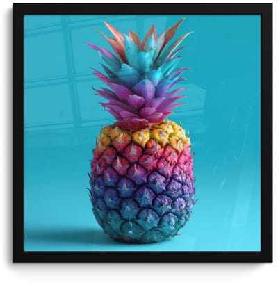 Poster in lijst - Fotolijst 40x40 cm - Posters - Ananas - Regenboog - Blauw - Popart - Posterlijst zwart - Decoratie - Wanddecoratie woonkamer - Muurdecoratie slaapkamer