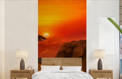 Behang - Fotobehang Olifant - Zonsondergang - Oranje - Savanne - Dieren - Breedte 120 cm x hoogte 240 cm