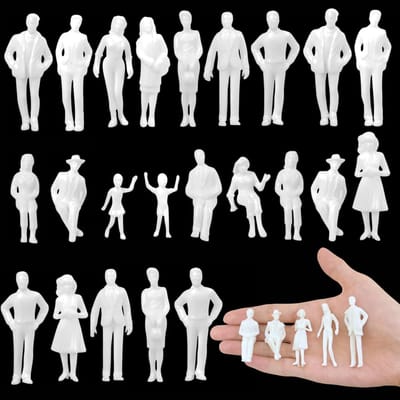 Set van 30 Miniatuur Figuren, Onbeschilderd in Wit, Diverse Poses voor Modelbouw en Spoorweg H0, Mini Mensen en Passanten