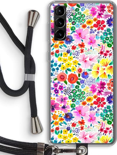 Case Company® - Hoesje met koord geschikt voor Samsung Galaxy S21 Plus hoesje met Koord - Little Flowers - Telefoonhoesje met Zwart Koord - Bescherming aan alle Kanten en Over de Schermrand