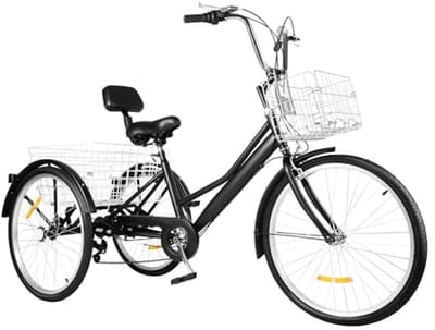 Driewieler voor volwassenen - Fiets met drie wielen - Comfortabel transport - Met ruime manden - 24 inch - Zwart
