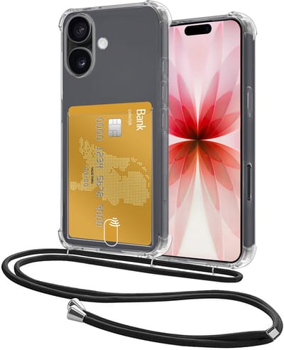Hoes Geschikt voor Apple iPhone 17 Hoesje Pasjeshouder Cover Met Koord Shock Proof Case Siliconen Hoes Met Telefoonkoord en Kaarthouder - Transparant