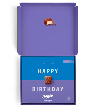 Happy Birthday - Milka Giftbox - Say it with Milka - Overheerlijke Milka pralines van melkchocolade met vulling van melkcreme - 20 pralines in hartjesvorm - Past door de brievenbus