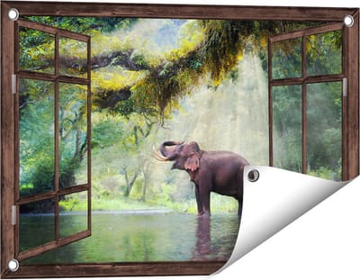 Gards Tuinposter Doorkijk Vrolijke Olifant in het Water - 60x40 cm - Tuindoek - Tuindecoratie - Wanddecoratie buiten - Tuinschilderij