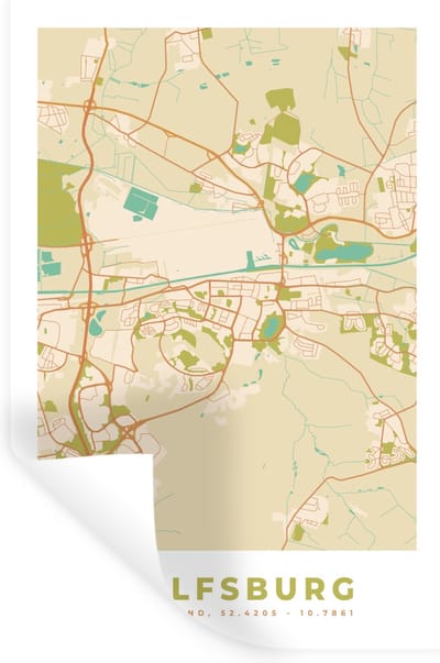 Muurstickers - Sticker Folie - Wolfsburg - Vintage - Kaart - Plattegrond - Stadskaart - 20x30 cm - Plakfolie - Muurstickers Kinderkamer - Zelfklevend Behang - Zelfklevend behangpapier - Stickerfolie