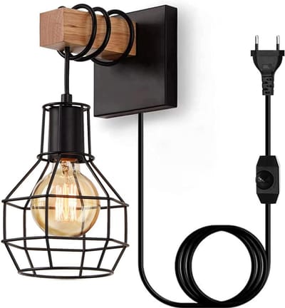 Wandlamp Binnen met Snoer - Binnenwandlamp Met Stekker Voor Binnen - met Dimbare Schakelaar - Slaapkamer Bedlampje – Muurlamp Industrieel en Vintage - Zwart