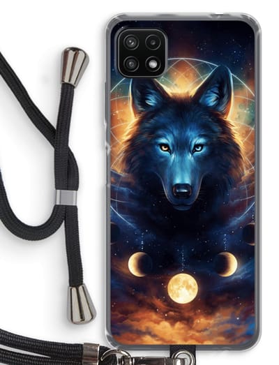 Case Company® - Hoesje met koord geschikt voor Samsung Galaxy A22 5G hoesje met Koord - Wolf Dreamcatcher - Telefoonhoesje met Zwart Koord - Bescherming aan alle Kanten en Over de Schermrand