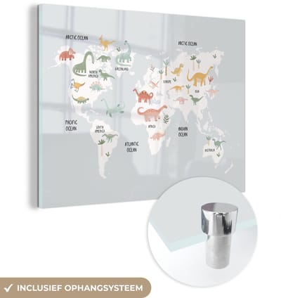 ® Glasschilderij 120x90 cm - Schilderij acrylglas - Kinderkamer - Wereldkaart - Dinosaurussen - Foto op glas - Muurdecoratie woonkamer - Wanddecoratie slaapkamer - Schilderijen