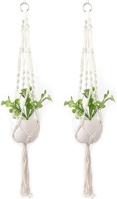 Macrame Plant Hangers Cotton Rope Handmade Flower Pot Holder Ideal for Indoor Garden Balcony Wall Decoration (2 Pieces Ivory Boho Style) (01)