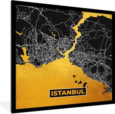 Fotolijst incl. Poster - Istanboel - Goud - Stadskaart - Plattegrond - Kaart - 40x40 cm - Posterlijst