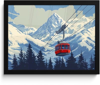 Poster in lijst - Fotolijst 40x30 cm - Posters - Kabelbaan - Sneeuw - Berglandschap - Posterlijst zwart - Decoratie - Wanddecoratie woonkamer - Muurdecoratie slaapkamer