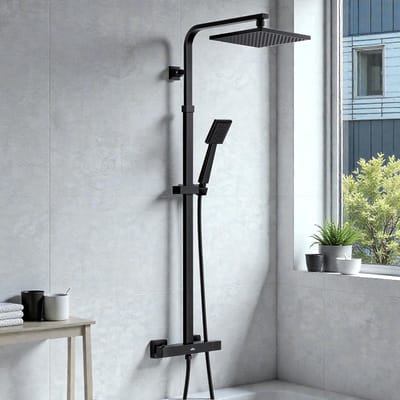 uralum max Regendouche met Thermostaatkraan - Zwart Douchesysteem - Regendoucheset - Vierkant Douchekop en Zwarte Handdouche - Verstelbare Hoogte 85-138 cm - Zwart