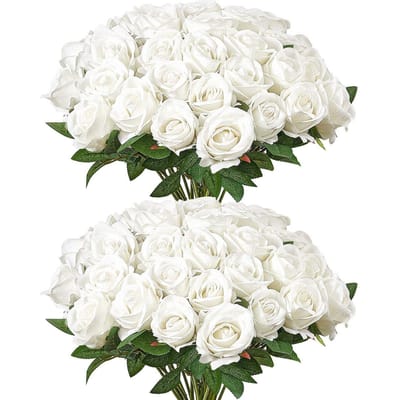 60 Pièces Roses Blanches Fleurs Artificielles Bouquet Réaliste pour Noël Décoration de Maison