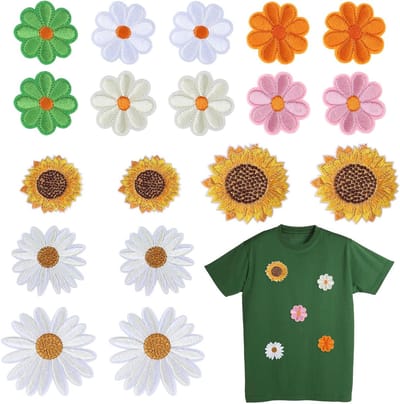 Set van 18 kleurrijke strijkpatches met bloemen, madeliefjes en zonnebloemen voor kleding, broeken en tassen