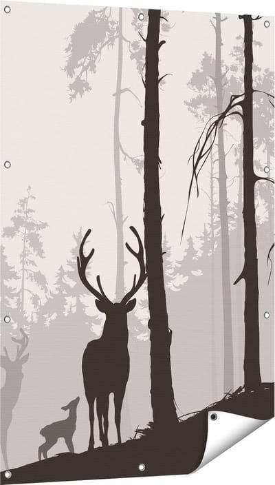 Gards Tuinposter Herten in het Bos - Silhouet - 80x120 cm - Tuindoek - Tuindecoratie - Wanddecoratie buiten - Tuinschilderij