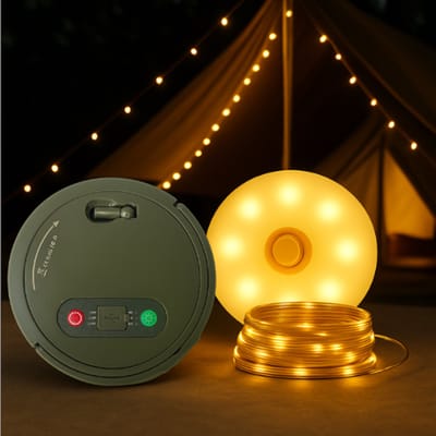 Niba® Accu Camping Lamp met 10m LED Lichtsnoer – 1800mAh – Oplaadbaar via USB-C – Warm Wit – Powerbank – String Lights voor Tent, Camper & Tuin