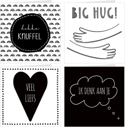 4x wenskaarten / set kaarten en enveloppen | VEEL LIEFS | o.a. knuffel / big hug / ik denk aan je