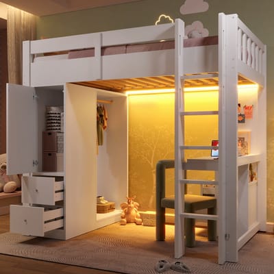 DESMIU Hoogslaper 90x200cm - Bed Met Bureau, Led Verlichting En Usb Oplaadpunt - 4 Laden En Open Kast - Jeugdkamer - Massief Hout En Mdf - Wit Zonder Matras