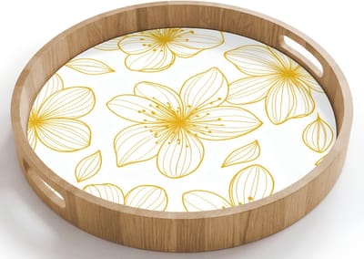Dienblad rond 40x40 cm - Schootdienblad hout - Bloemen - Patroon - Illustratie - Geel - Borrelplank rechthoek - Plateau houten dienbladen